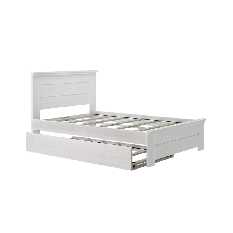 White wooden bed frame with storage drawer, ideal for bedroom furniture organization.