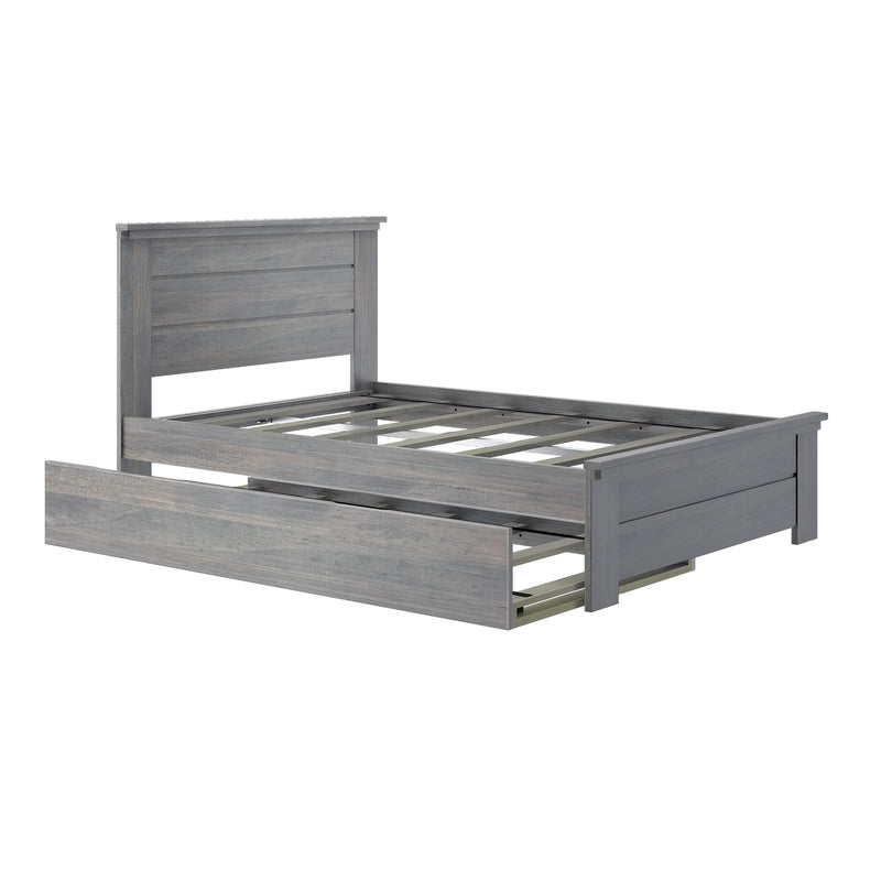 Wooden platform bed frame in gray with built-in storage drawers.
