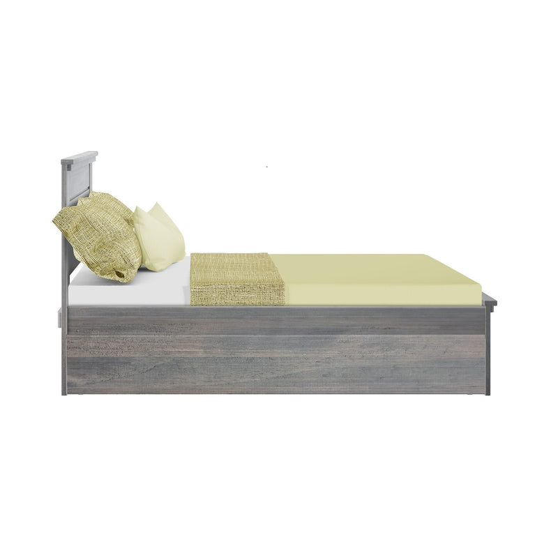 Gray wooden platform bed with yellow bedding and pillows, featuring a minimalist modern design.