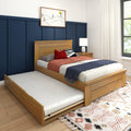 Modern bedroom with navy blue paneled accent wall, oak trundle bed with layered bedding and throws, bedside lamp, minimalist framed art and patterned boho rug