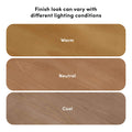 Wood flooring finish samples showing warm, neutral, and cool color variations with rounded swatches and caption "Finish look can vary with different lighting conditions" — close-up natural wood grain texture