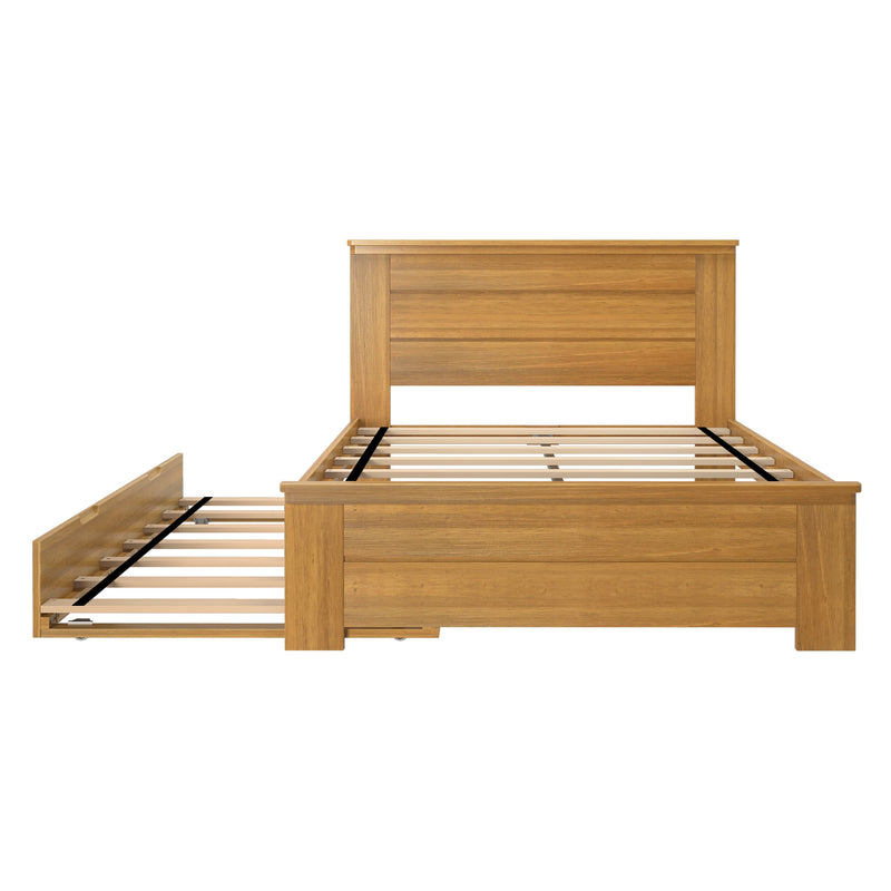 Wooden storage bed frame with open drawer showing slatted support, ideal for bedroom organization and space-saving.