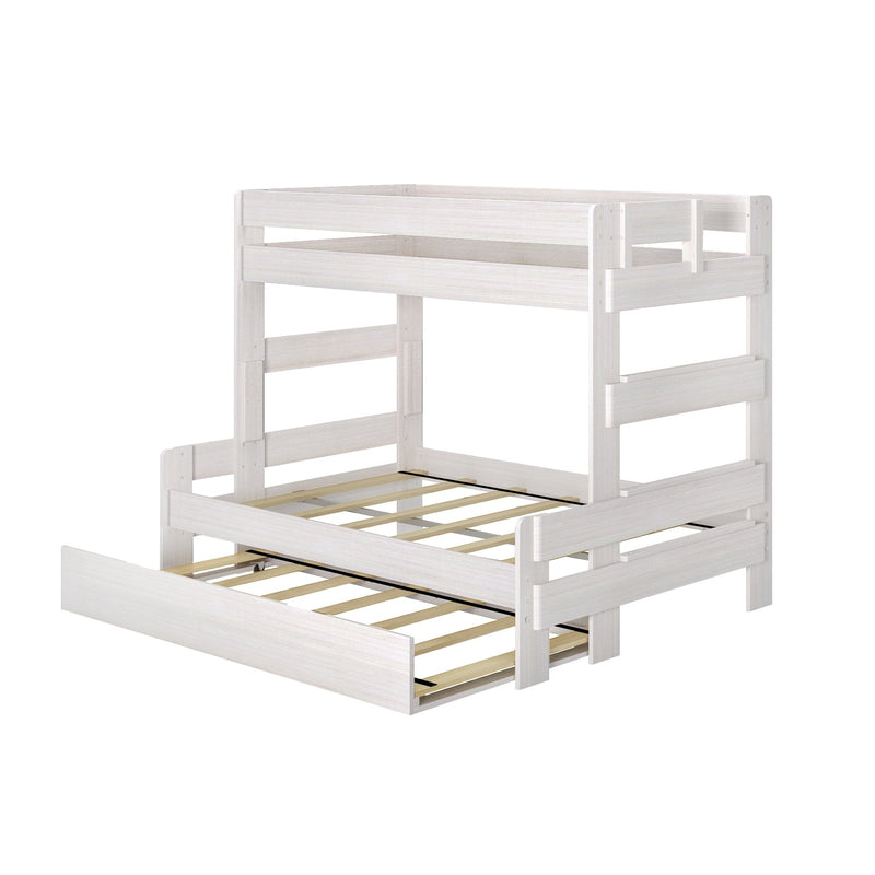 White wooden bunk bed with trundle drawer for extra storage.