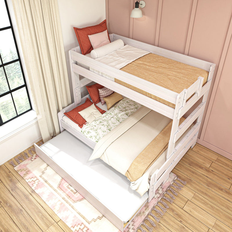 White wooden bunk bed with pull-out trundle in a cozy bedroom setup, featuring colorful pillows and bedding.
