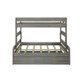 Gray wooden loft bunk bed frame with slatted mattress support, guardrails and built-in under-bed storage drawer — modern farmhouse bedroom furniture