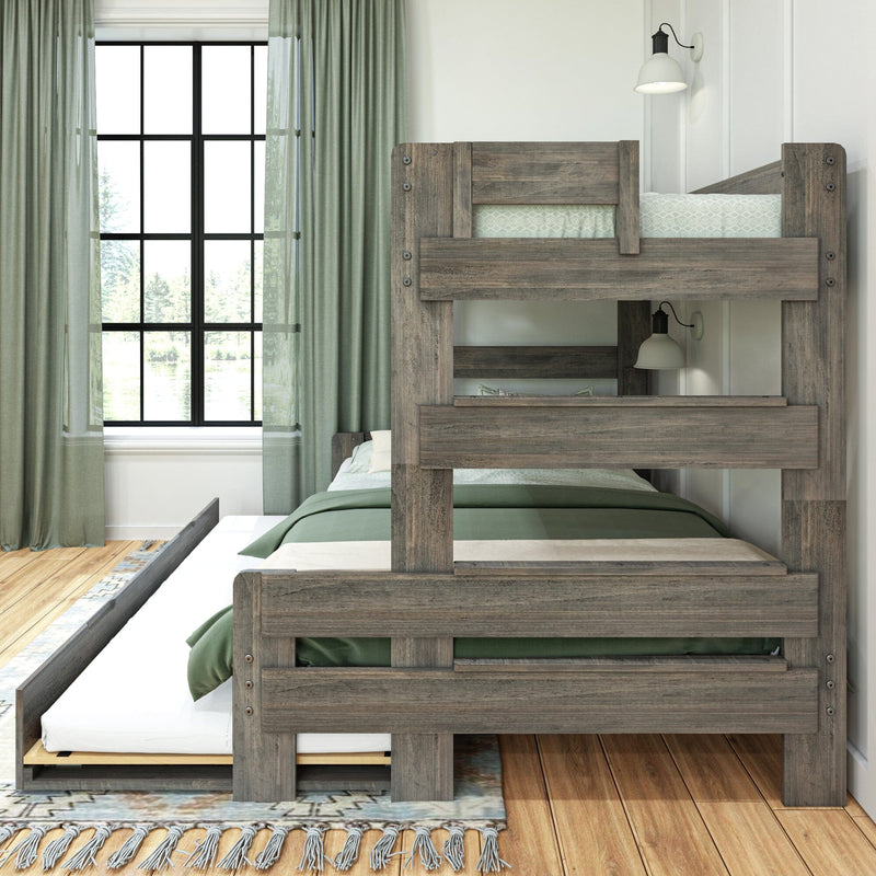 Rustic wooden bunk bed with trundle bed in modern bedroom with green curtains and natural light.