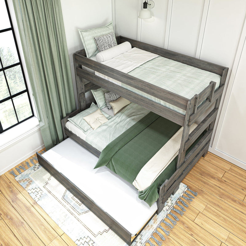 Triple bunk bed with green bedding set, wooden floors, and natural light in a modern bedroom.