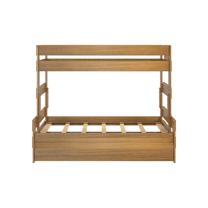 Wooden bunk bed frame with ladder on white background.