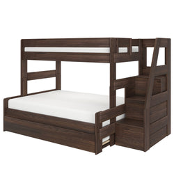 Dark walnut twin-over-full bunk bed with built-in staircase storage drawers and white mattresses
