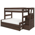 Dark walnut full-over-twin wooden bunk bed with staircase storage, pull-out trundle drawer, guardrails, and white mattresses for space-saving bedroom design