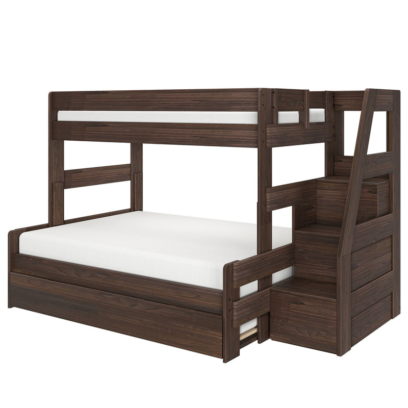 Dark walnut full-over-twin wooden bunk bed with staircase storage, pull-out trundle drawer, guardrails, and white mattresses for space-saving bedroom design