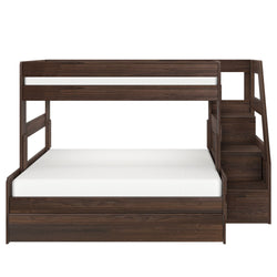Dark walnut twin-over-full wooden bunk bed with staircase and built-in storage drawers, space-saving modern kids' bedroom furniture