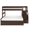 Dark walnut wooden bunk bed with staircase and built-in storage drawers, full-size lower and twin upper, modern space-saving kids bedroom furniture