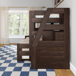 Dark walnut twin-over-twin wooden bunk bed with built-in ladder and storage in a kids' bedroom, blue checkered rug and sunlit window