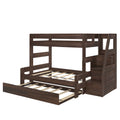 Dark brown twin-over-full wooden bunk bed with pull-out trundle and staircase storage drawers, space-saving kids bedroom furniture