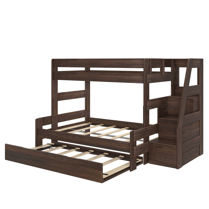 Dark brown twin-over-full wooden bunk bed with pull-out trundle and staircase storage drawers, space-saving kids bedroom furniture