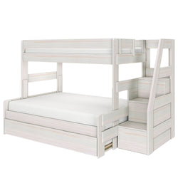 White wooden twin-over-full bunk bed with built-in storage staircase and pull-out trundle, space-saving modern kids bedroom furniture