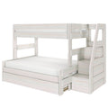 White wooden loft bunk bed with staircase storage drawers, space-saving kids' bedroom furniture, solid wood modern design