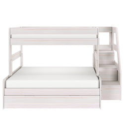 Whitewashed wooden bunk bed with built-in storage stairs and under-bed drawer, modern space-saving loft bed