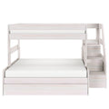 White wooden loft bunk bed with built-in staircase and under-bed storage drawers, space-saving kids bedroom furniture with white mattresses