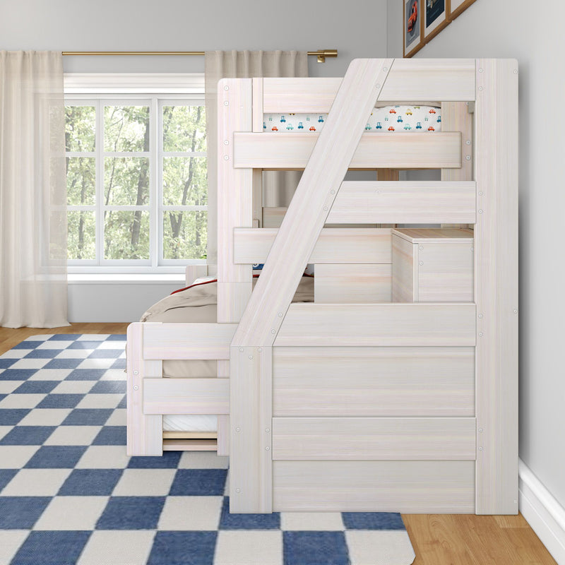 White wooden bunk bed for kids with built-in storage in a bright bedroom featuring a blue checkered rug, large window and sheer curtains