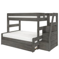 Gray wood twin-over-full bunk bed with built-in staircase storage drawers, safety rails and white mattresses, modern farmhouse finish