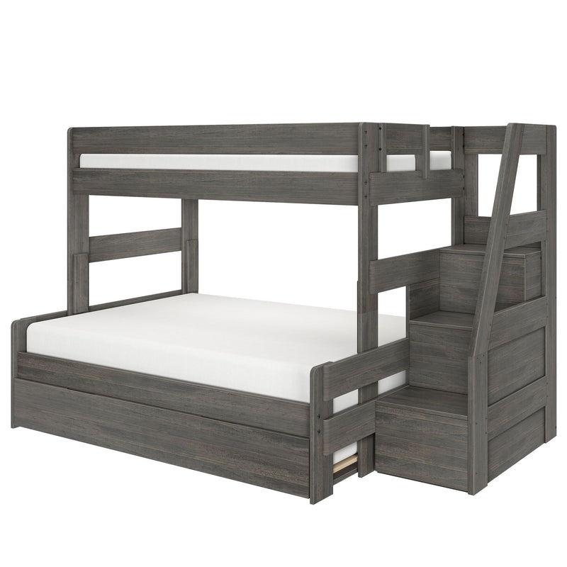 Gray wood twin-over-full bunk bed with built-in staircase storage drawers, safety rails and white mattresses, modern farmhouse finish
