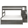 Gray wooden twin-over-full bunk bed with built-in staircase storage, solid panel frame and white mattresses, space-saving kids' bedroom furniture