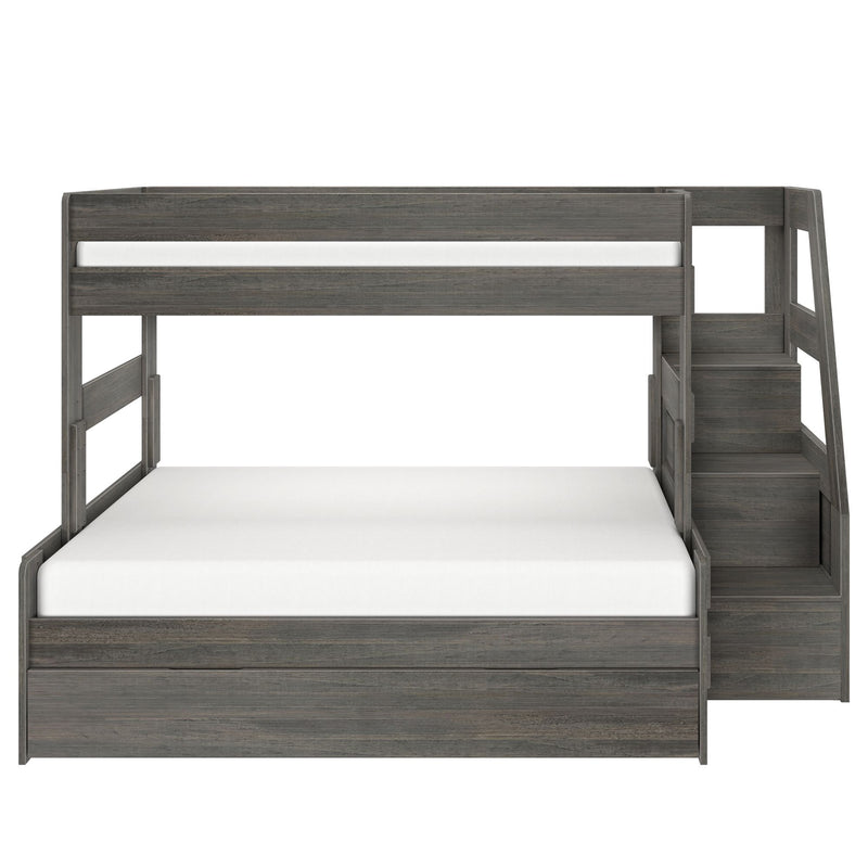 Gray wooden twin-over-full bunk bed with built-in staircase storage, solid panel frame and white mattresses, space-saving kids' bedroom furniture