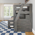 Gray wooden bunk bed with ladder and built-in storage in a bright kids' bedroom with blue checkered rug and sheer window curtains
