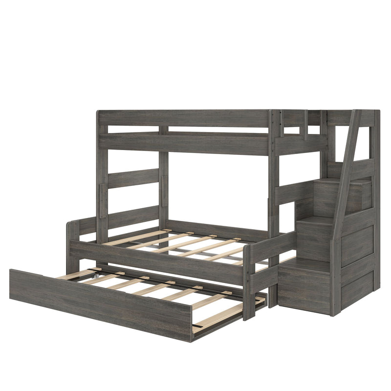 Gray wood-finish twin-over-full bunk bed with staircase, built-in storage and pull-out trundle, modern rustic kids' loft bed