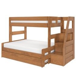 Solid wood twin-over-full bunk bed with staircase storage drawers in natural wood finish and white mattresses, space-saving kids' bedroom furniture