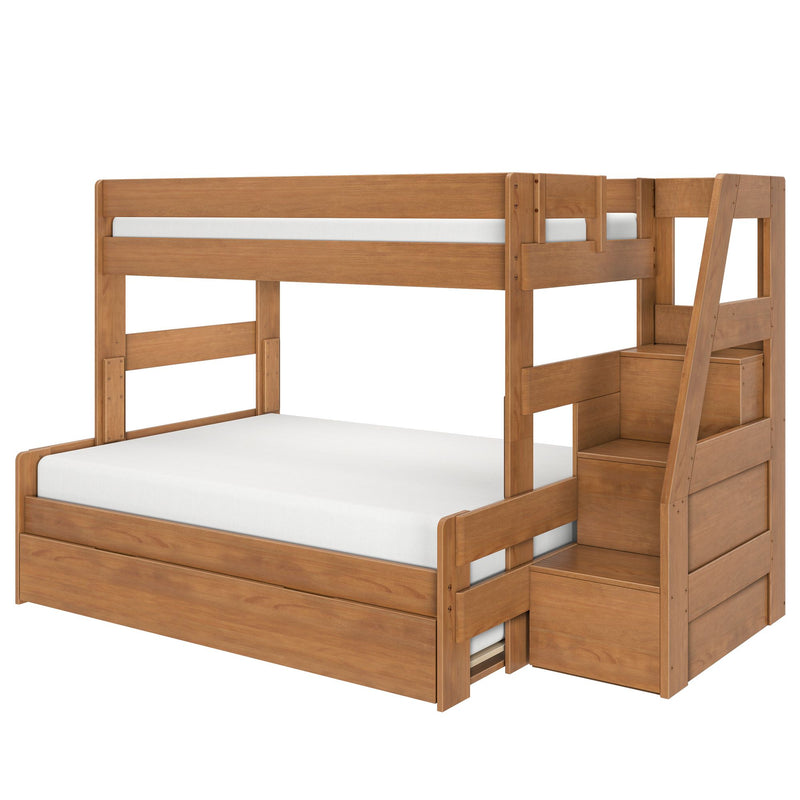 Solid wood twin-over-full bunk bed with staircase storage drawers in natural wood finish and white mattresses, space-saving kids' bedroom furniture