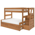 Twin-over-full wooden bunk bed with staircase storage and built-in drawers, natural wood finish, space-saving children's bedroom furniture
