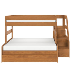 Oak-finish twin-over-full bunk bed with built-in storage staircase and under-bed drawers, space-saving kids bedroom furniture