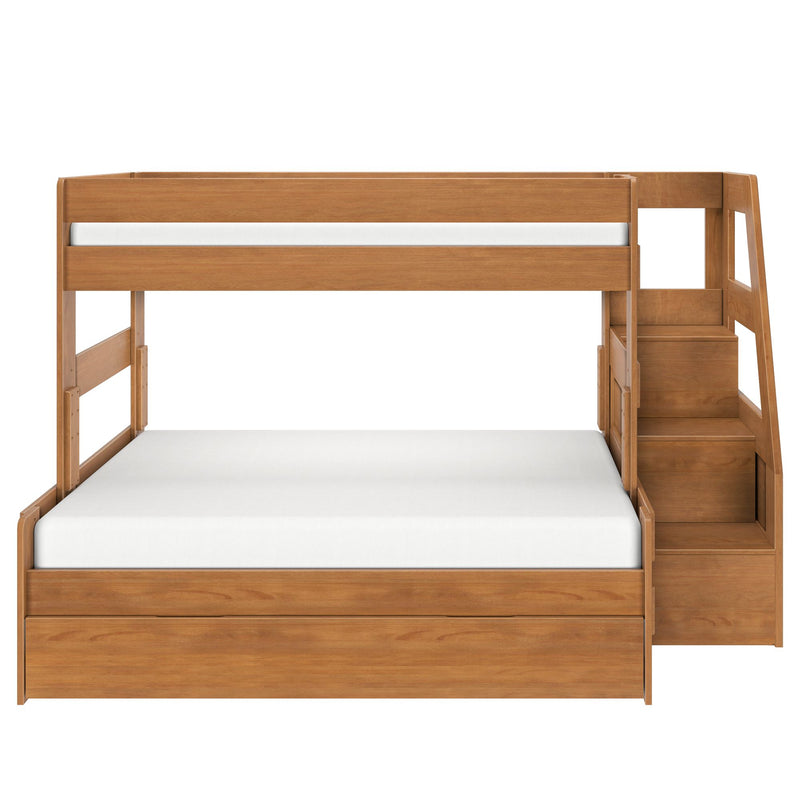 Oak-finish twin-over-full bunk bed with built-in storage staircase and under-bed drawers, space-saving kids bedroom furniture