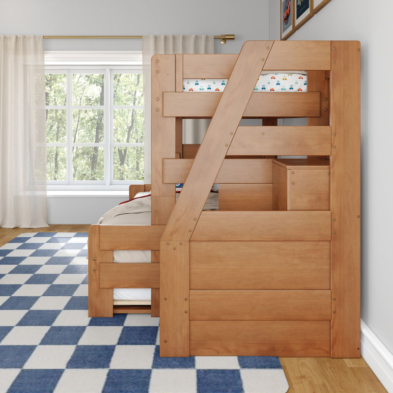 Solid wood twin-over-twin bunk bed with built-in storage drawers and natural wood finish in a bright kids' bedroom with blue checkered rug and large window