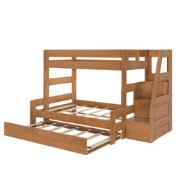 Natural wood bunk bed with staircase storage and pull-out trundle, slatted platform mattress support for children's or guest rooms