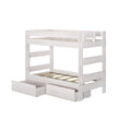 Whitewashed wooden twin loft bed frame with safety rails, slatted mattress base and integrated under-bed storage drawers