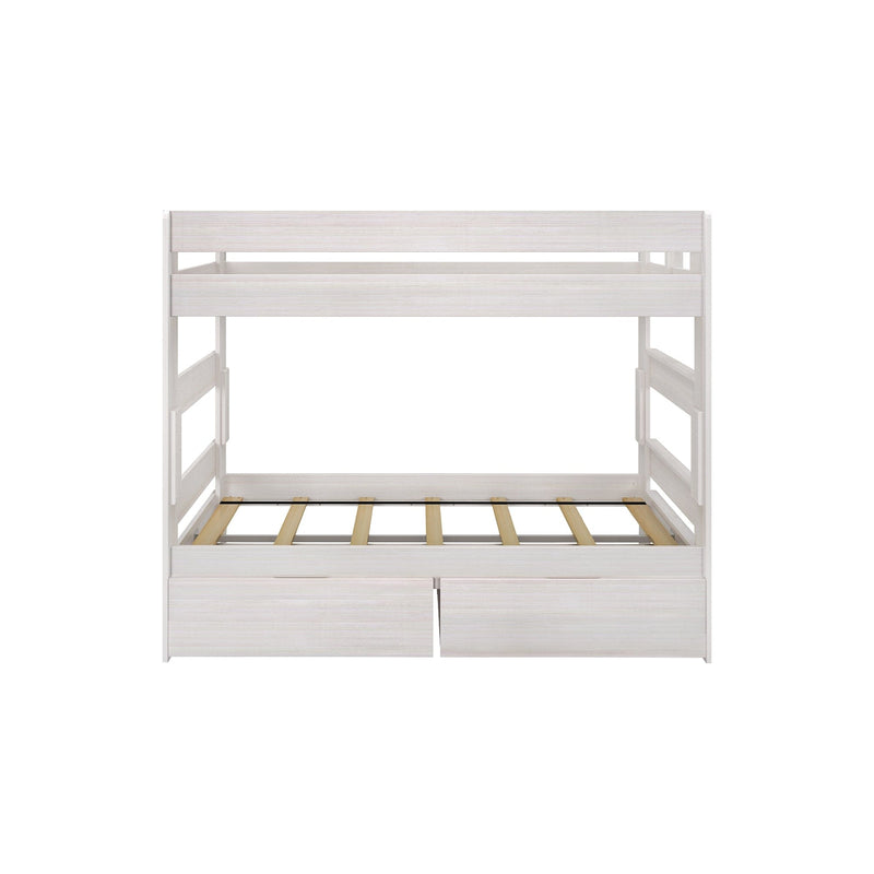 White wooden bunk bed with storage drawers, modern kids furniture.