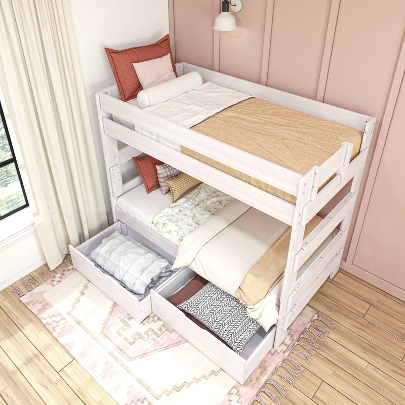 Stylish white bunk bed with cozy bedding and built-in storage drawers in a modern bedroom setting.
