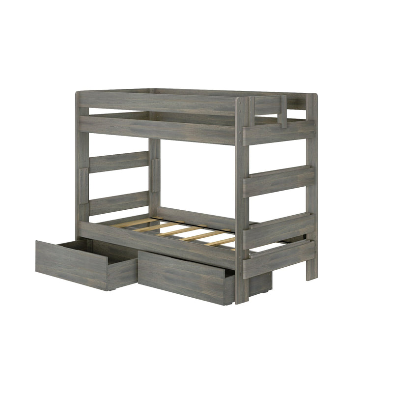 Gray wooden bunk bed with storage drawers and safety rails.