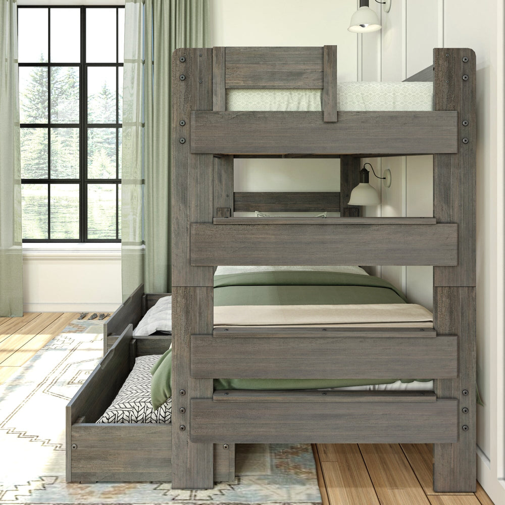 197201-185 : Bunk Beds Farmhouse Twin Over Twin Bunk Bed With Storage Drawers, Driftwood