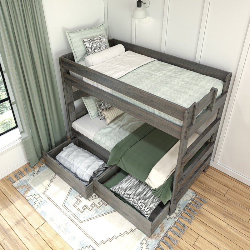 Stylish wooden bunk bed with green and white bedding in a modern bedroom featuring natural light and a patterned rug.