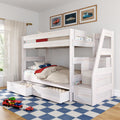 White wooden bunk bed with storage drawers, car-themed bedding and toy cars on a blue checkered rug in a kids' bedroom