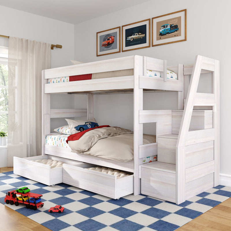 White wooden bunk bed with storage drawers, car-themed bedding and toy cars on a blue checkered rug in a kids' bedroom