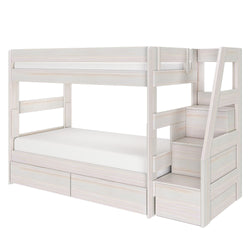 Whitewashed wooden twin-over-full bunk bed with built-in storage stairs and under-bed drawers, modern space-saving kids bedroom solution