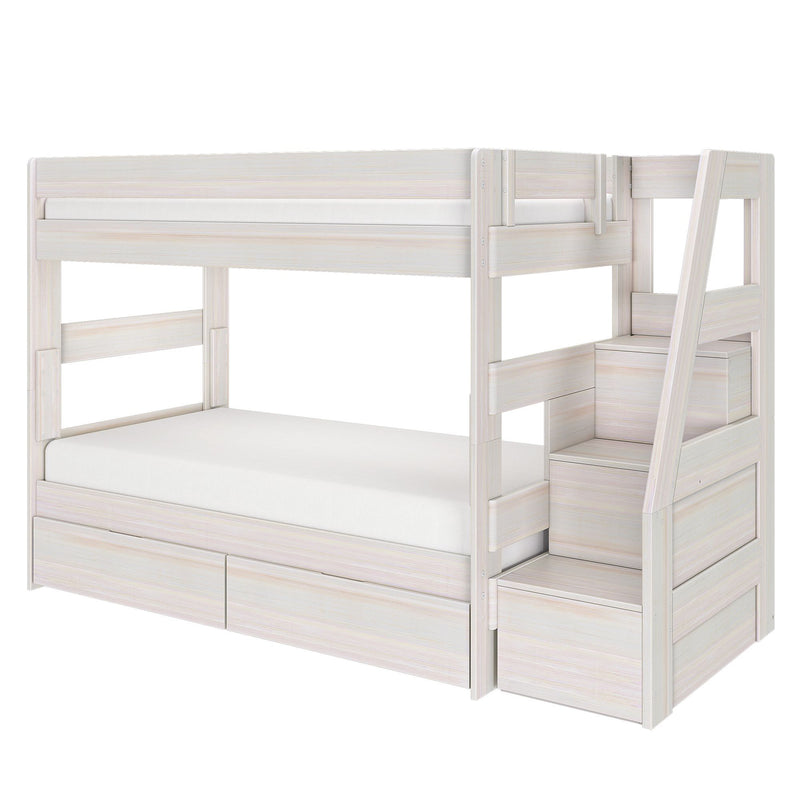 Whitewashed wooden twin-over-full bunk bed with built-in storage stairs and under-bed drawers, modern space-saving kids bedroom solution