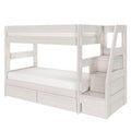 Whitewashed wood twin-over-twin bunk bed with built-in staircase, under-bed storage drawers and space-saving modern kids bedroom furniture