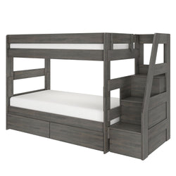 Gray wooden twin-over-full bunk bed with built-in staircase storage and two under-bed drawers, modern kids bedroom furniture